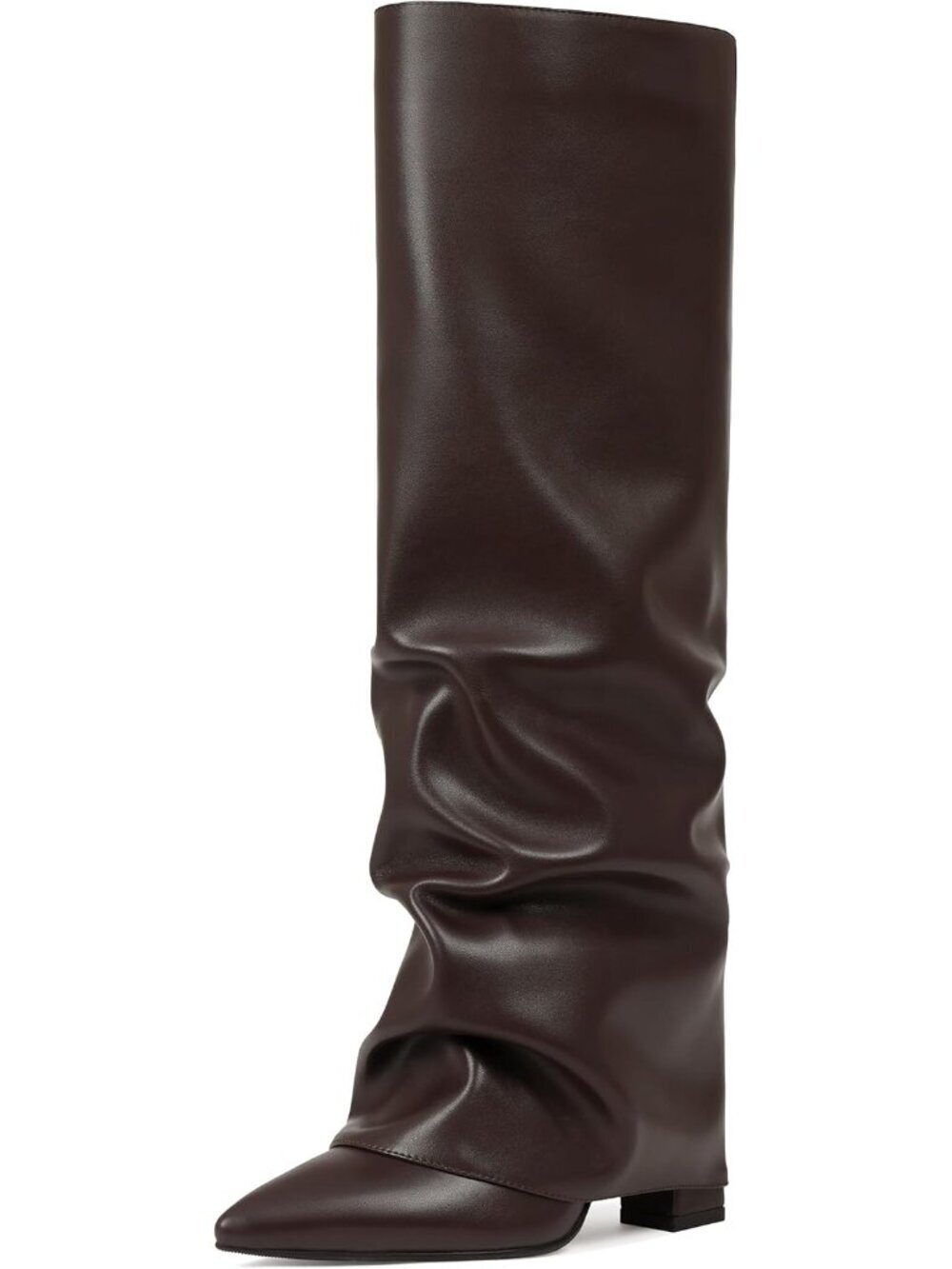 Women's Chocolate PU Slouchy Knee High Boots Black Pointed Toe Fold Over Chunky - Picture 2 of 5
